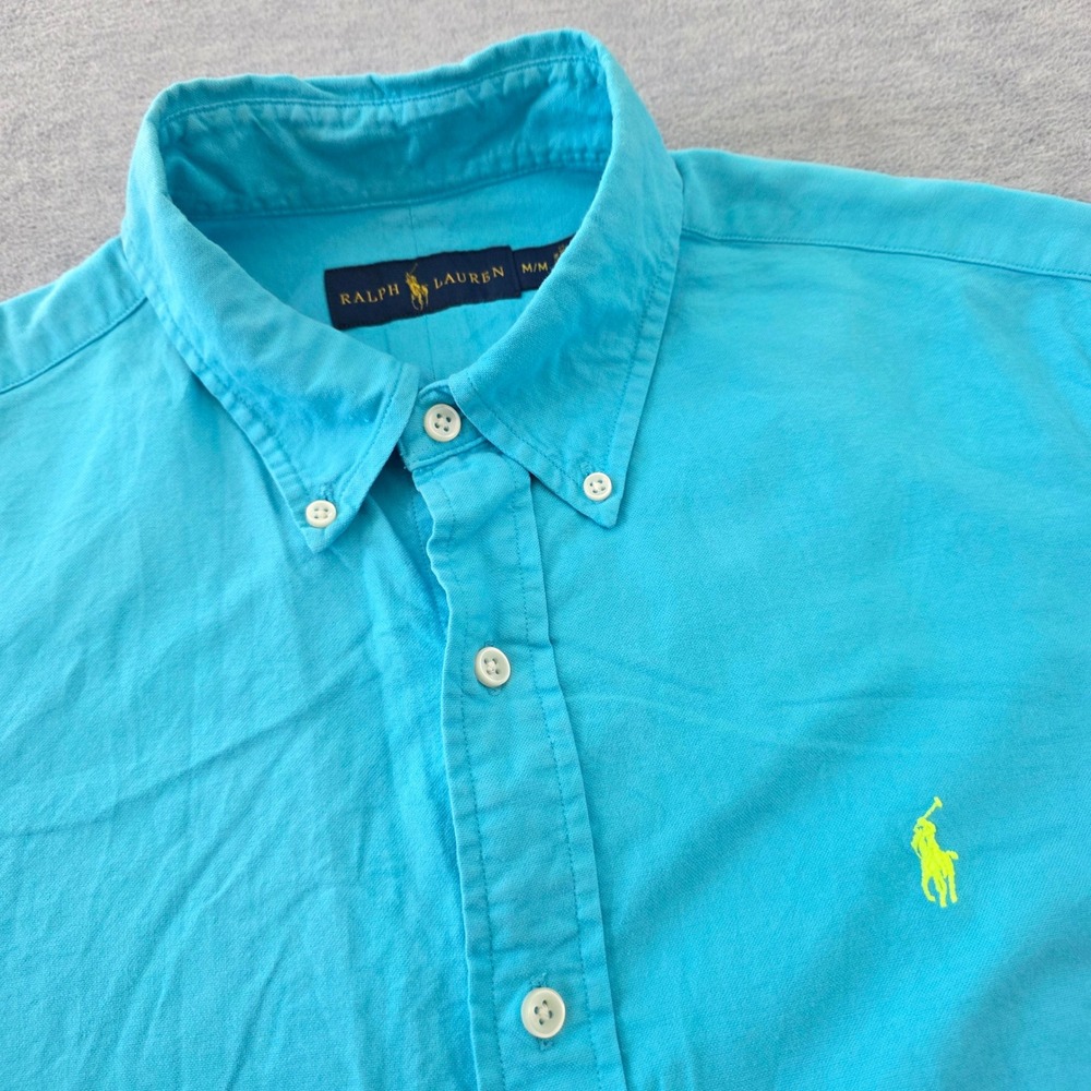 Ralph Lauren Mens Medium Short Sleeve Button Down Shirt Turquoise Blue Cotton - Picture 1 of 8